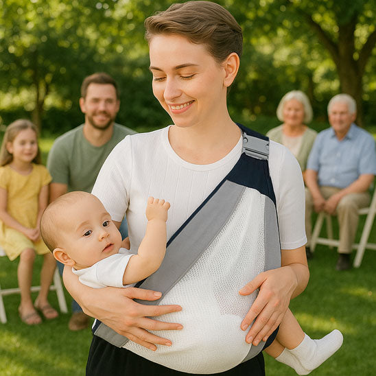 porte bebe hanche bordure grise avec bebe installe confortablement contre la hanche