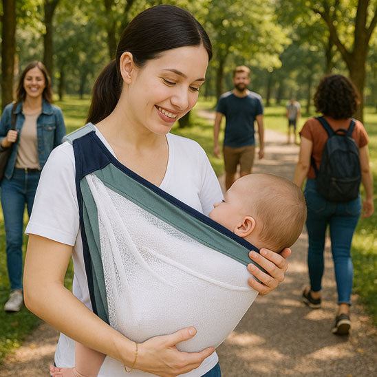 porte bebe hanche avec bordure verte porte par une maman lors dune promenade au parc