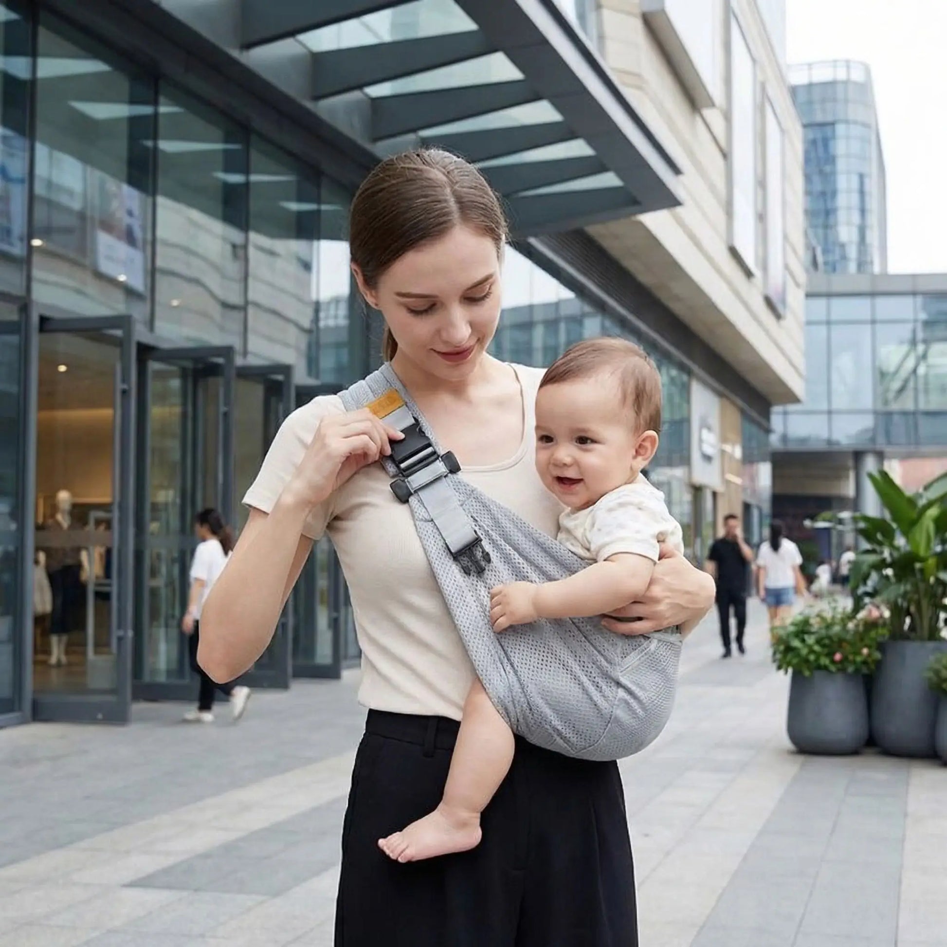 porte bebe hanche gris reglable maman portant bebe sur la hanche en zone commerciale