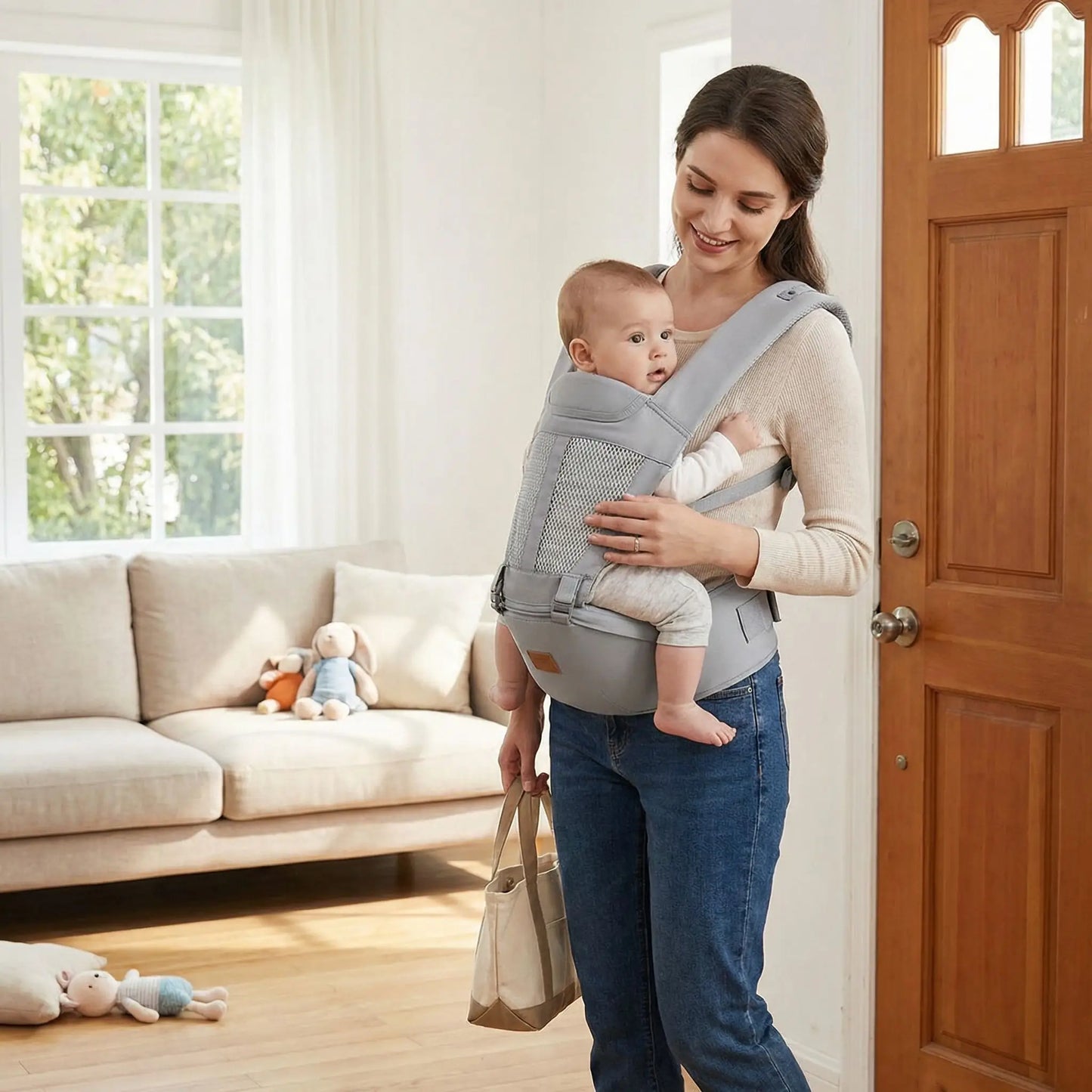 porte bebe hanche gris maman pres porte salon bebe contre parent