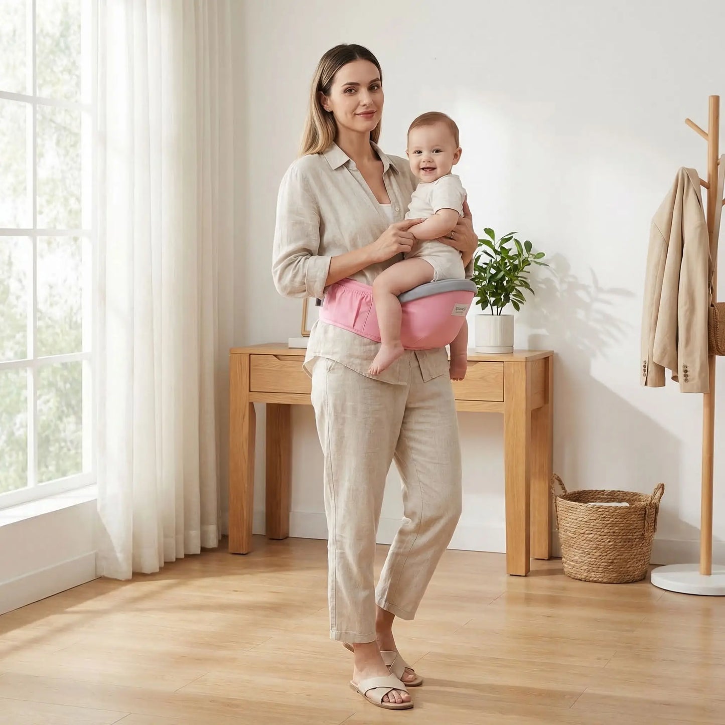 Maman portant son bebe avec un porte bebe hanche ergonomique rose a la maison, siège confortable