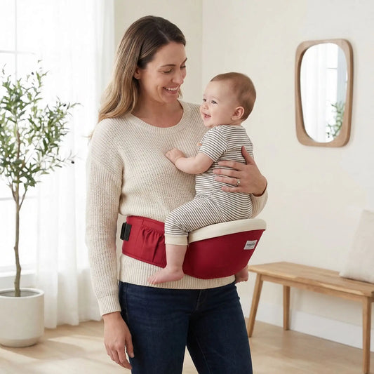 Maman portant son bebe avec un porte bebe hanche ergonomique rouge a la maison, siège confortable