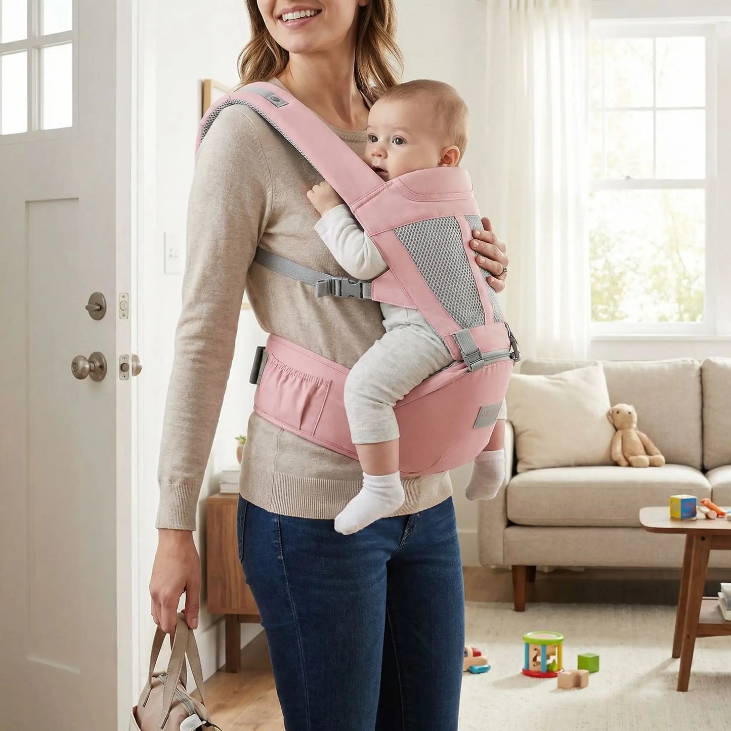 porte bebe hanche rose maman debout salon bebe face parent