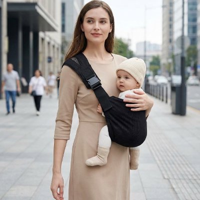 porte bebe physiologique noir porte en croise sur epaule lors dune promenade urbaine