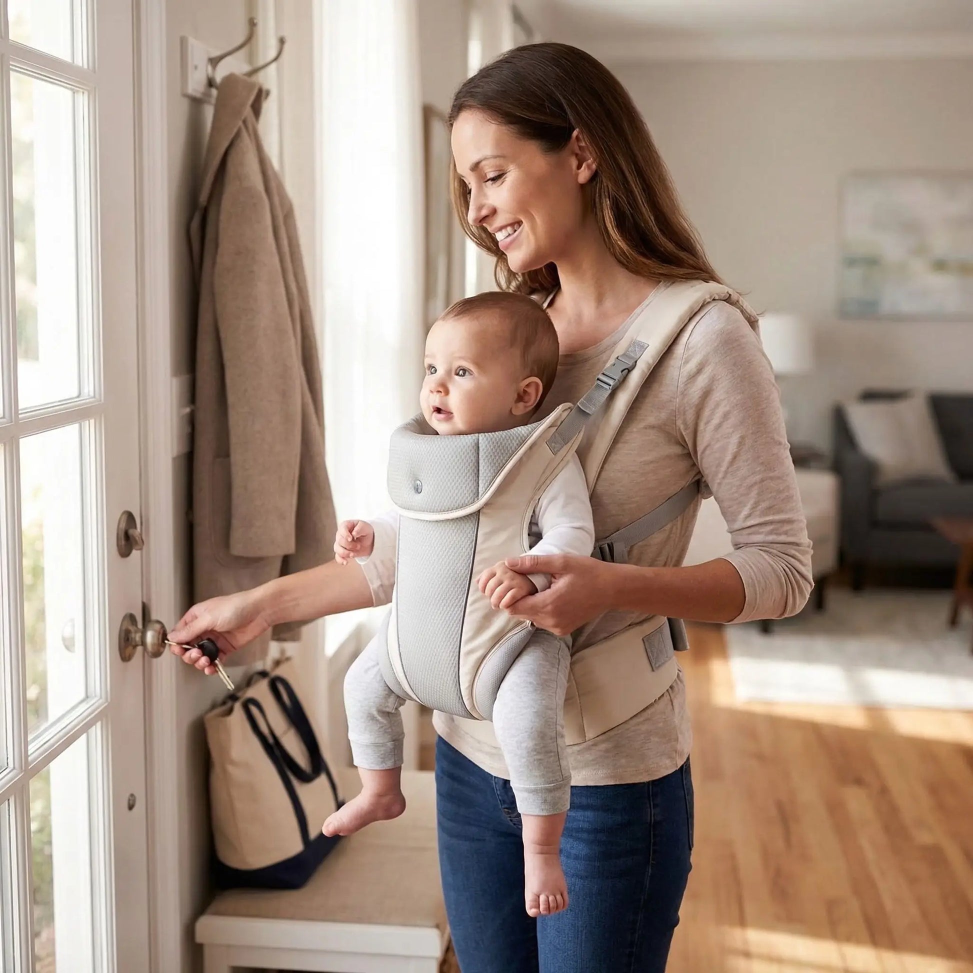 porte bebe physiologique maman ouvrant la porte bebe observe maison