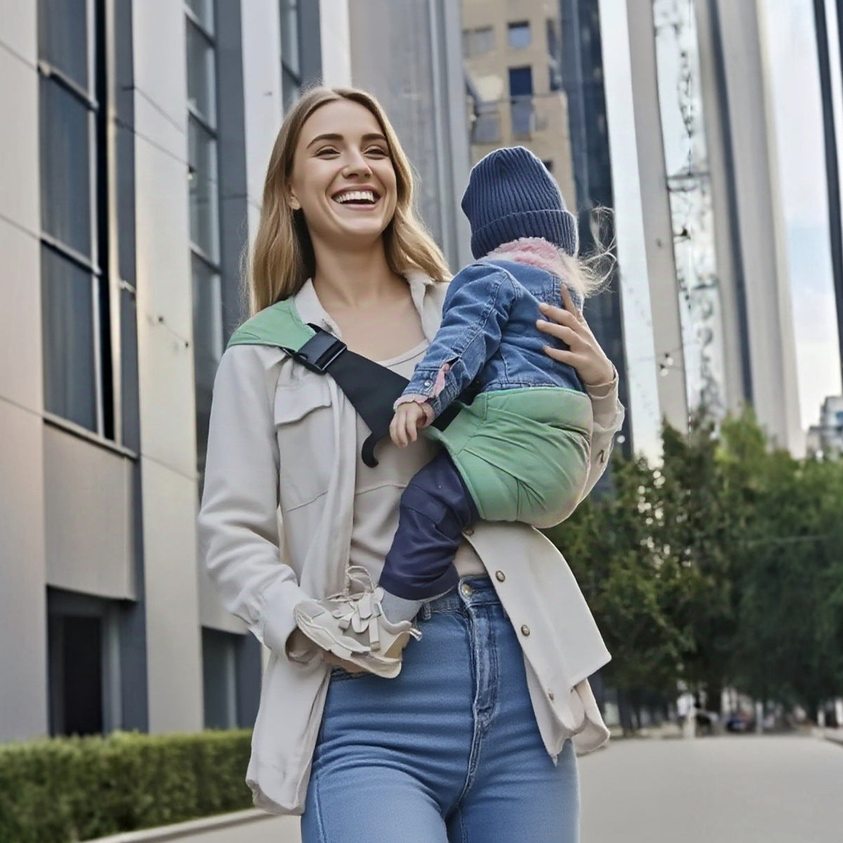Porte bébé sling utilisé en ville pour porter bébé tout en gardant les mains libres