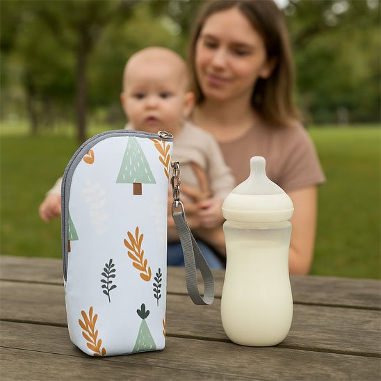 porte biberon isotherme bebe sur table exterieure avec maman 