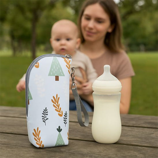 porte biberon isotherme bebe sur table exterieure avec maman 