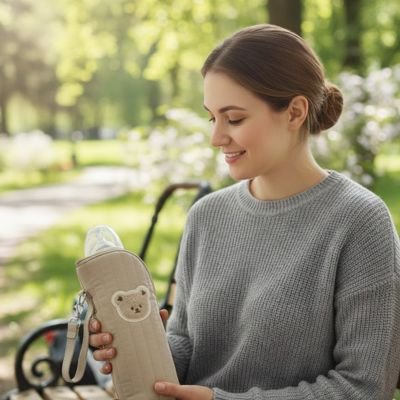 porte biberon isotherme beige tenu en main par maman 