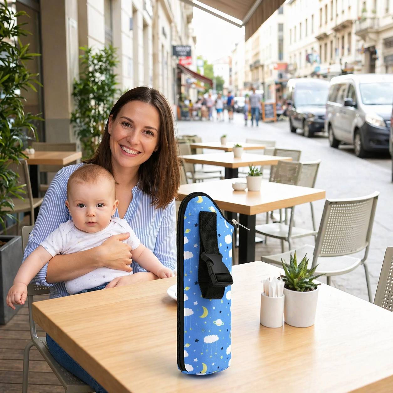 porte biberon isotherme bleu motif nuage utilisation table cafe