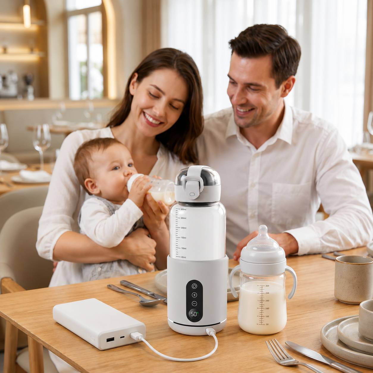 Porte biberon nomade sans filblanc utilisé pendant un repas familial avec bébé dans une salle à manger