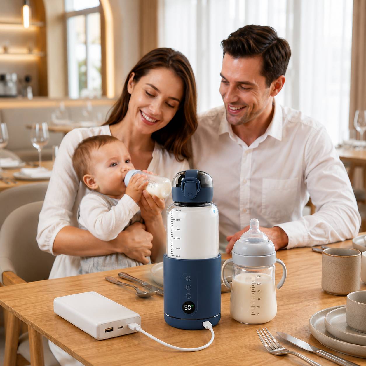 Porte biberon nomade sans fil bleu utilisé pendant un repas familial avec bébé dans une salle à manger
