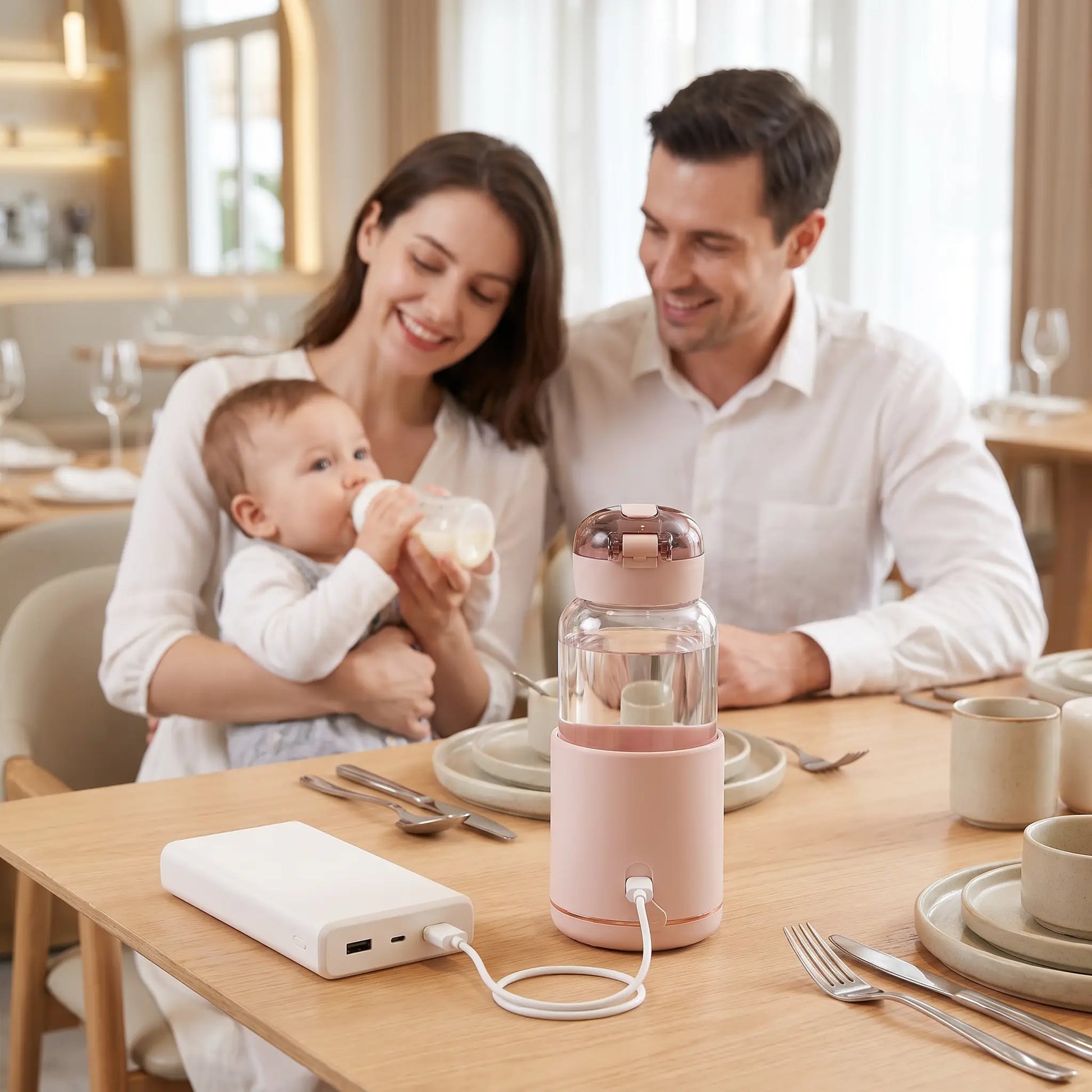 Porte biberon nomade sans fil rose utilisé pendant un repas familial avec bébé dans une salle à manger