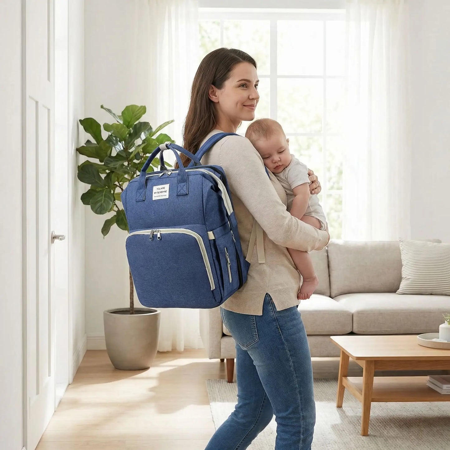 Sac a dos a langer bebe bleu porte par une maman dans un salon moderne avant une sortie