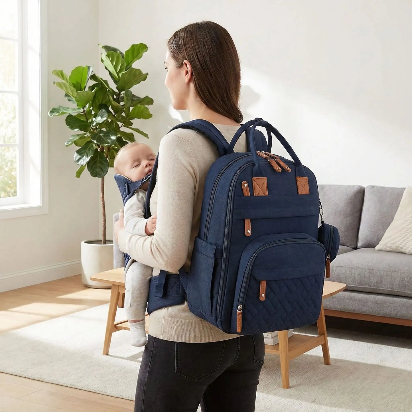 sac a dos a langer bebe bleu porte au dos par maman avec bebe en porte bebe