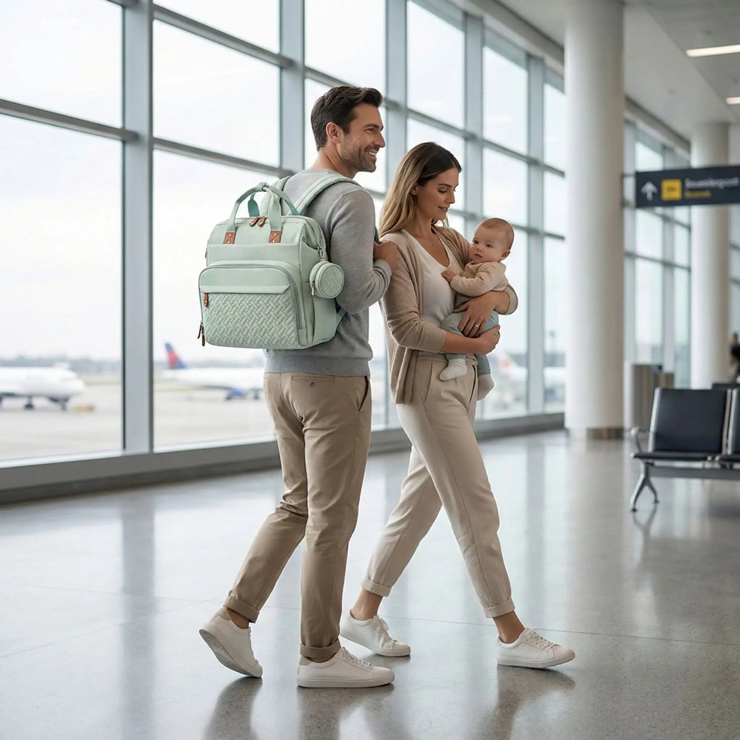 Sac a dos a langer bebe porte en voyage par maman et papa dans un terminal lumineux