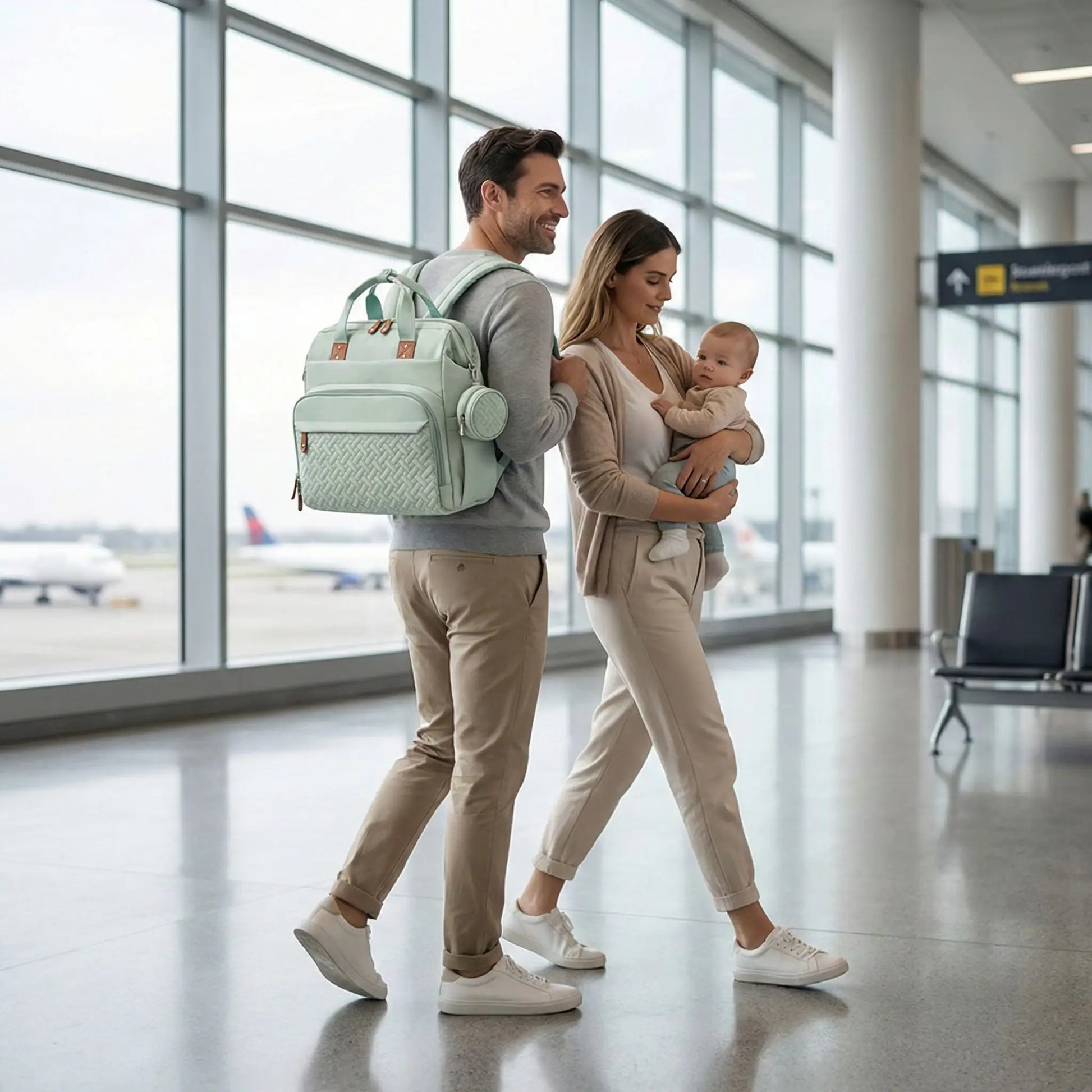 Sac a dos a langer bebe porte en voyage par maman et papa dans un terminal lumineux