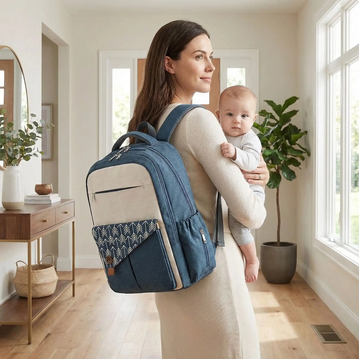 Sac a dos a langer bebe couleur bleu porte au dos avec bebe