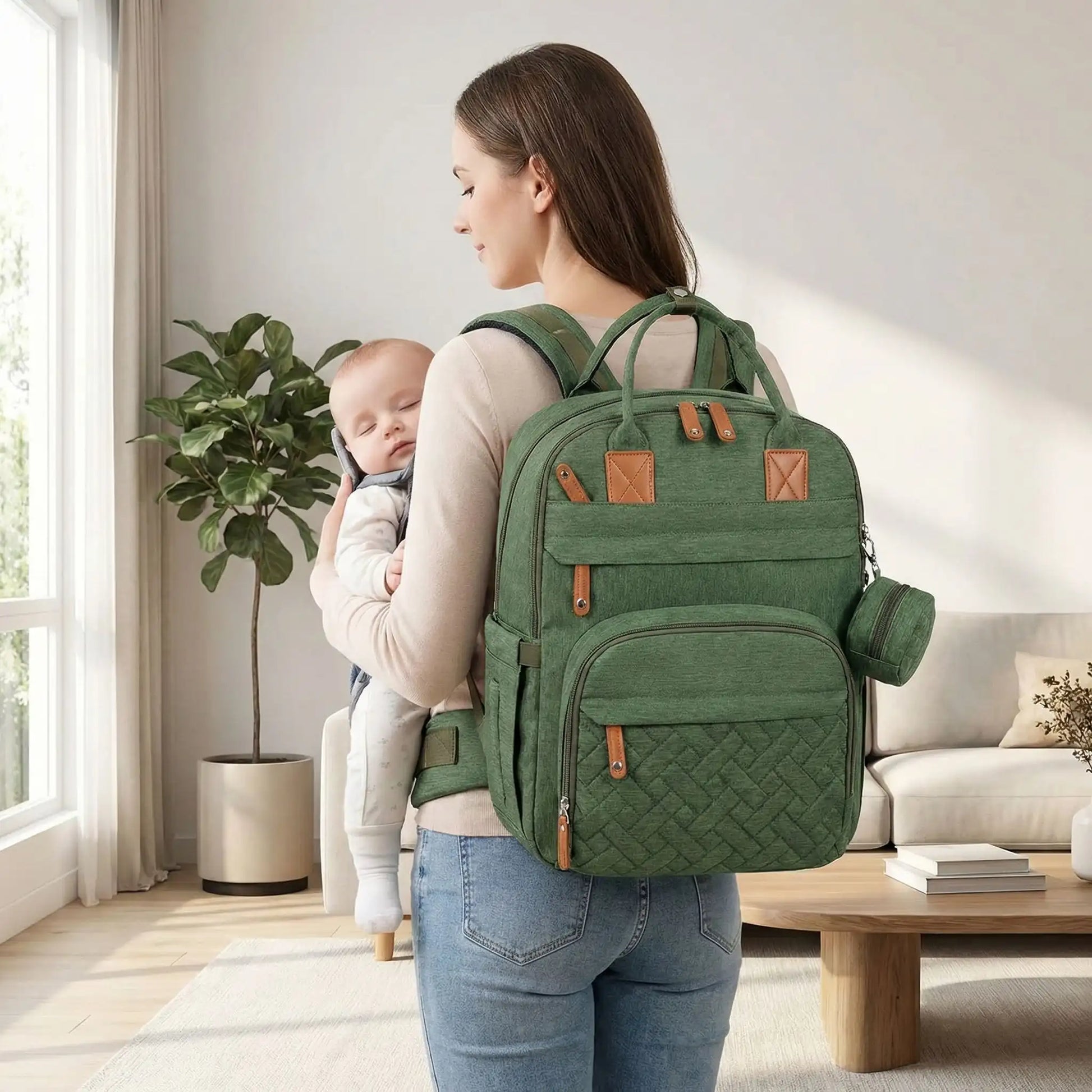 sac a dos a langer bebe vert porte par maman prete a sortir avec bebe au salon