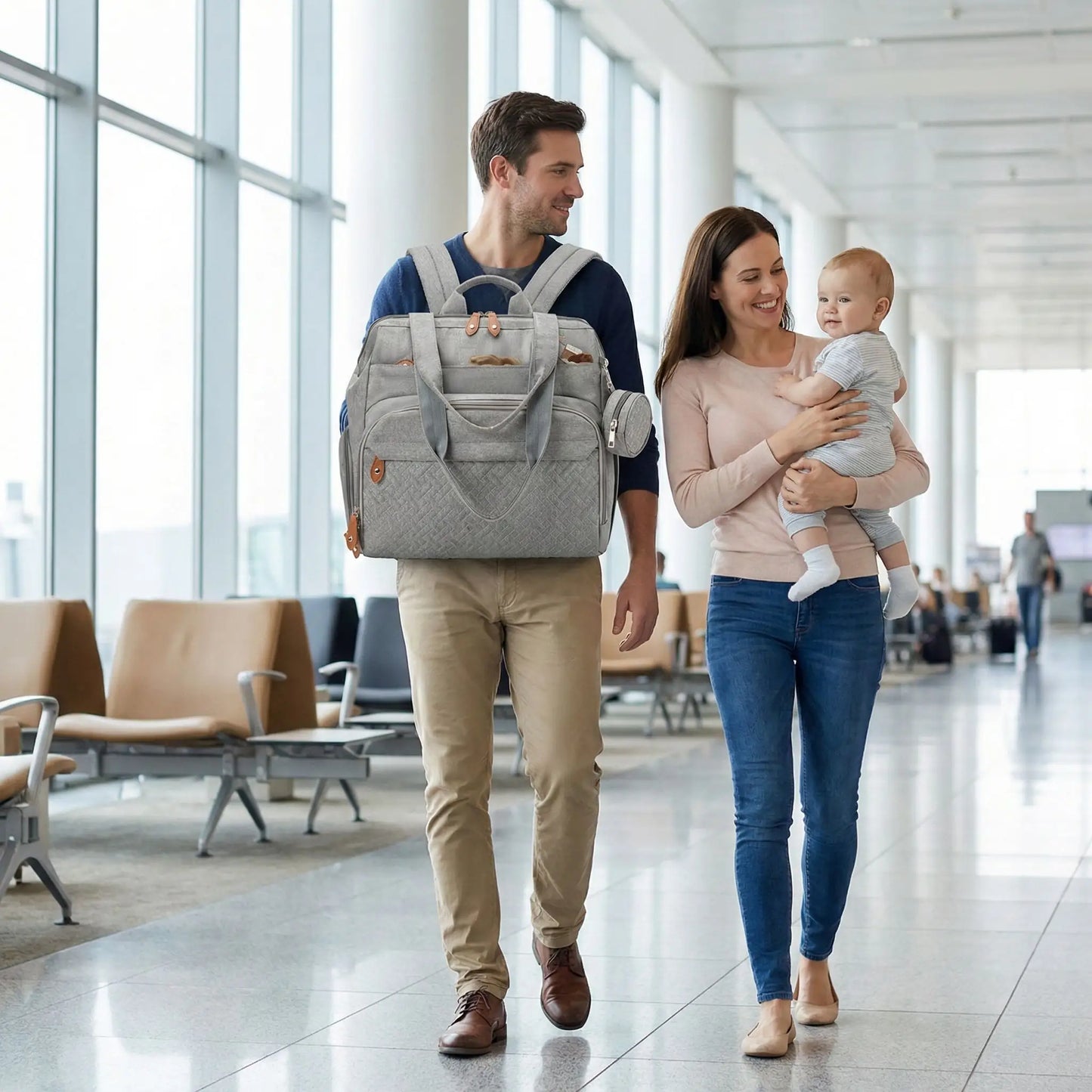 Sac a dos a langer bebe grande taille porte par papa en aeroport avec maman et bebe