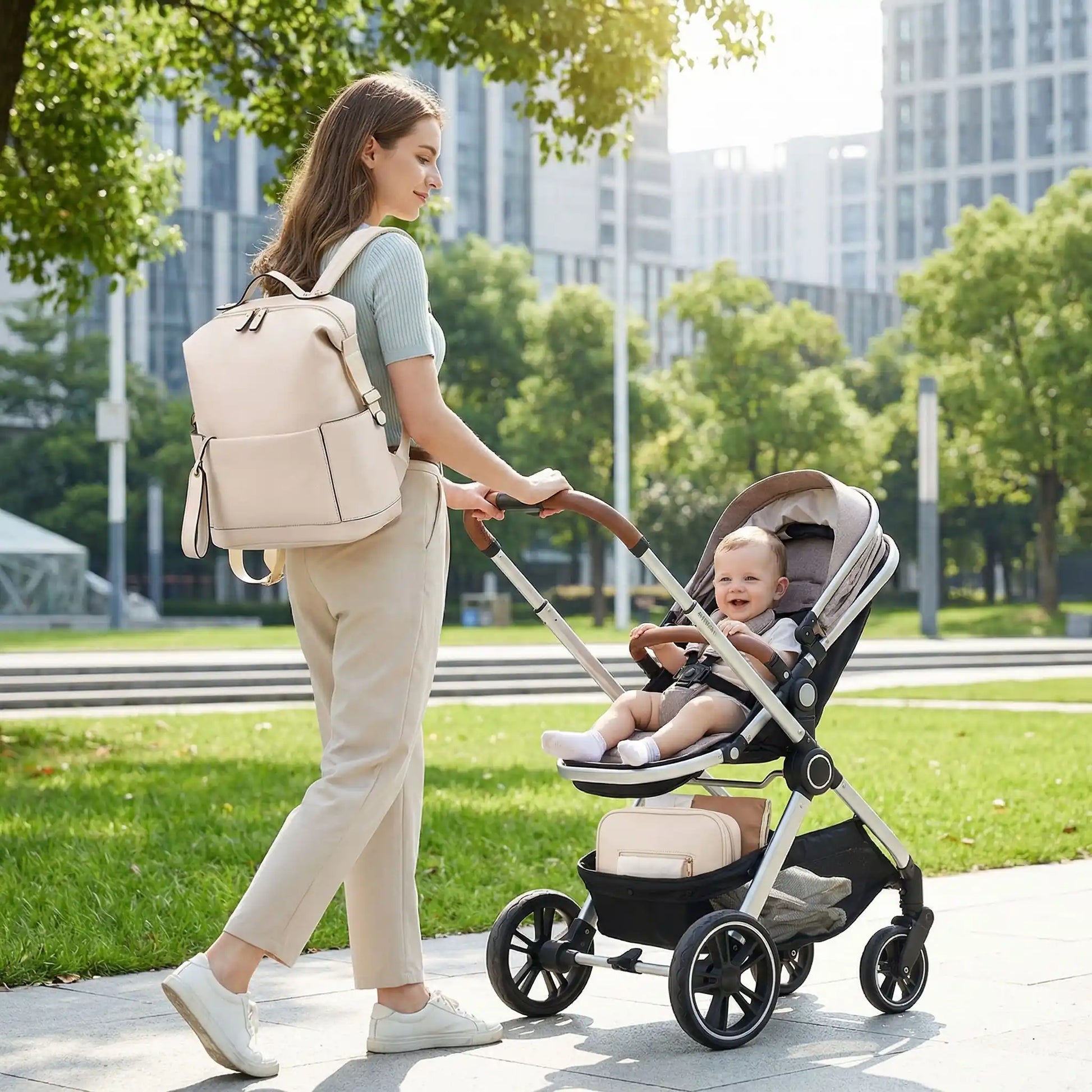 maman et bebe dans une poussette avec sac a dos a langer couleur creme