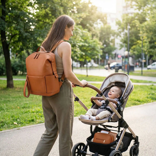 maman et bebe dans une poussette avec sac a dos a langer couleur marron