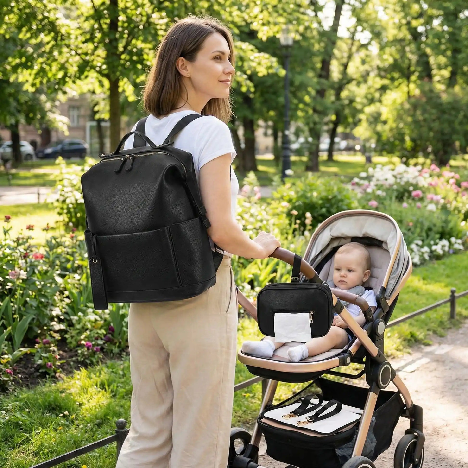 maman et bebe dans une poussette avec sac a dos a langer couleur noir