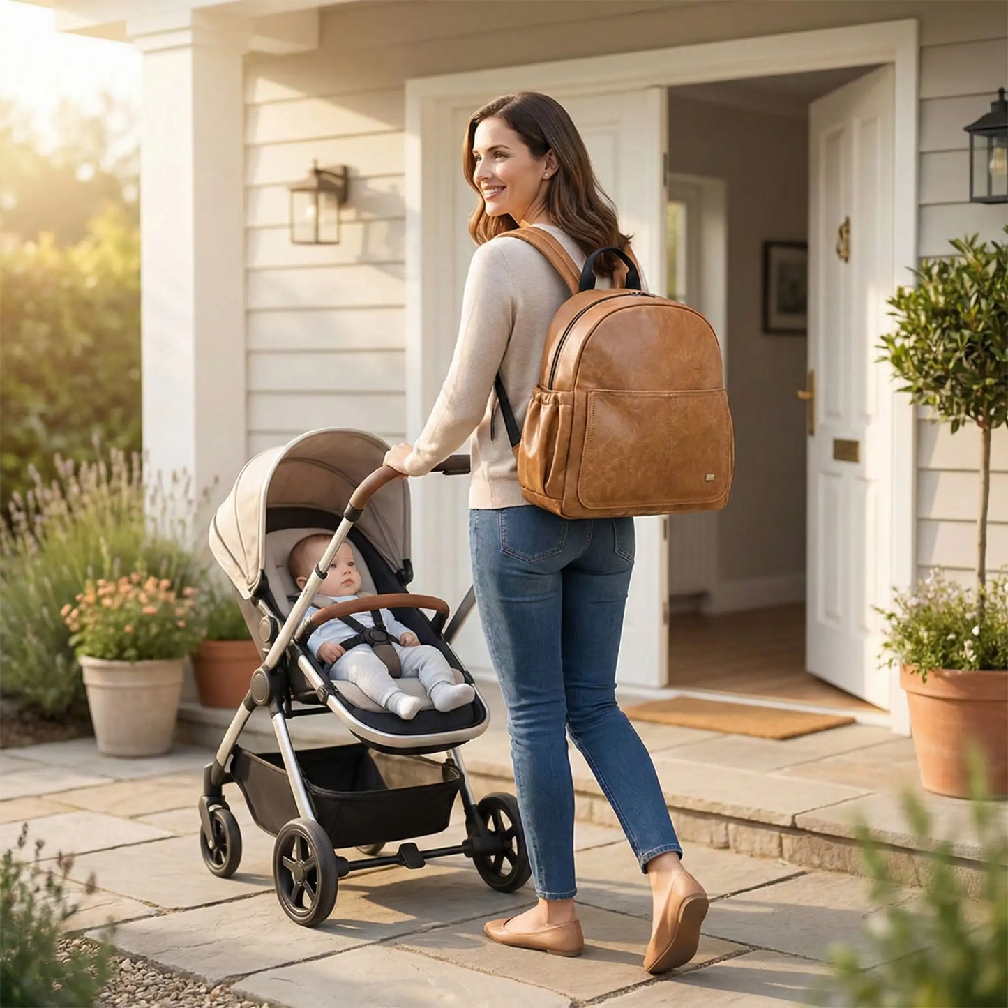 Maman quittant la maison avec un sac a dos a langer maron elegant porte au dos et bebe dans la poussette