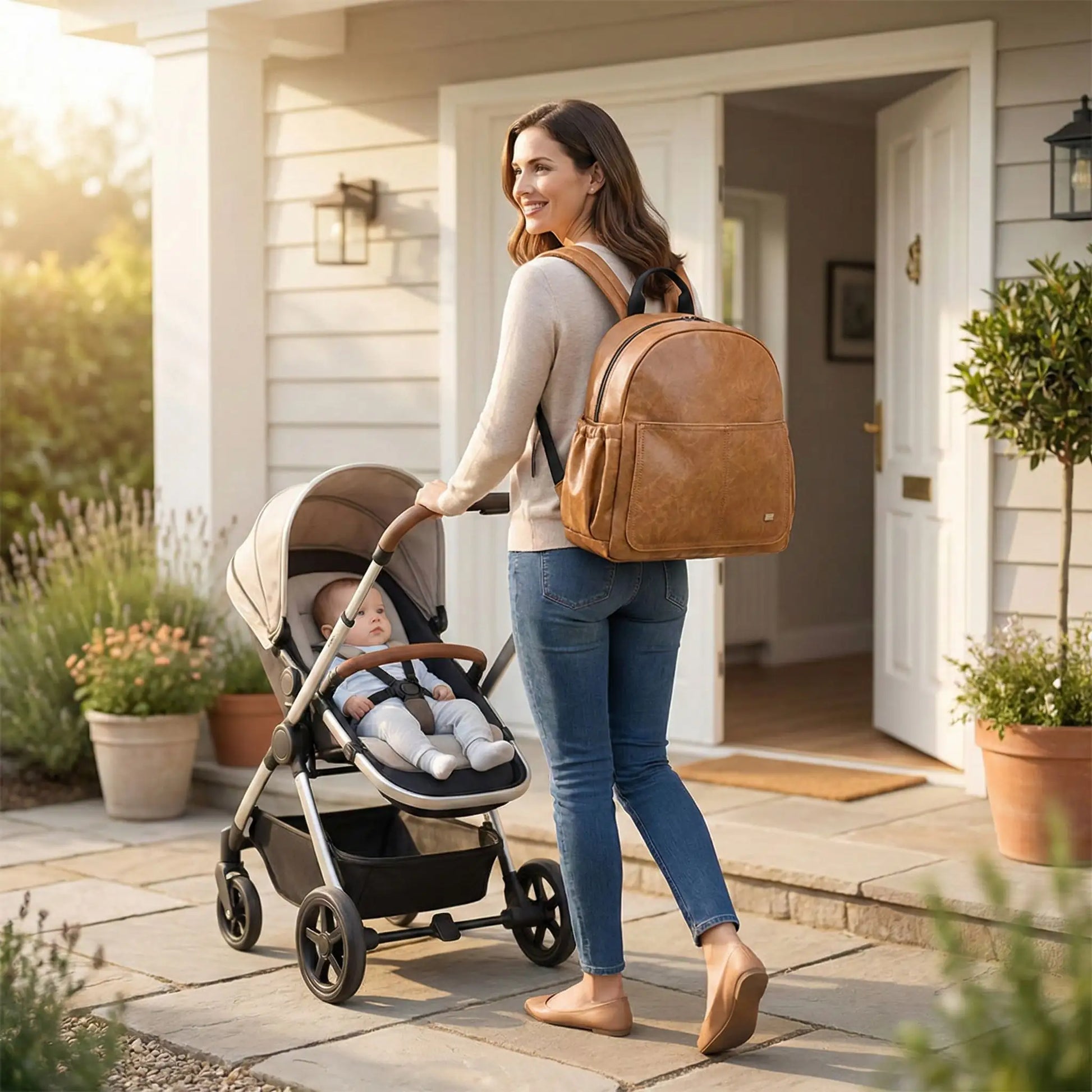 Maman quittant la maison avec un sac a dos a langer maron elegant porte au dos et bebe dans la poussette