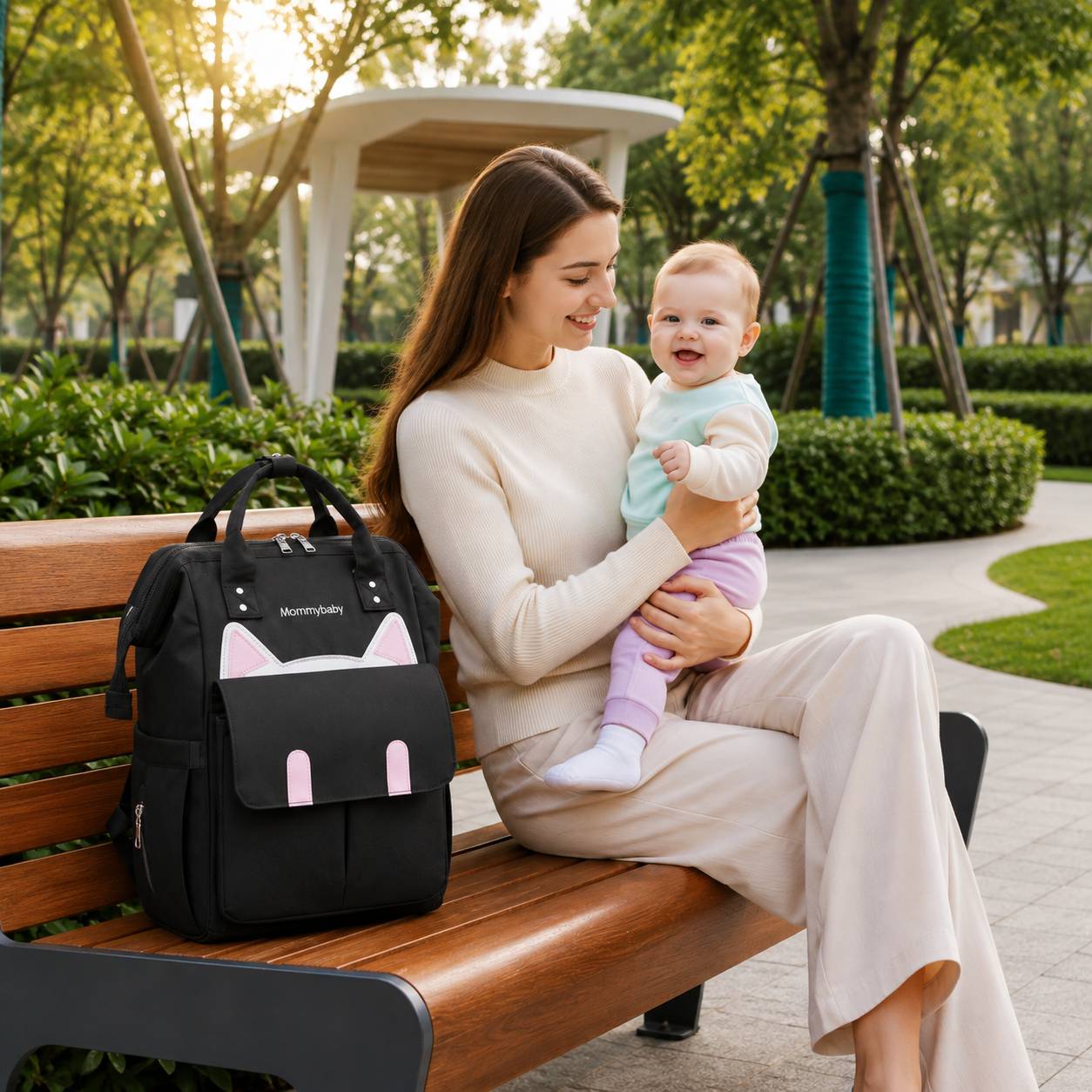 Sac a dos a langer noir multifonction présenté avec une maman et son bébé lors d'une sortie