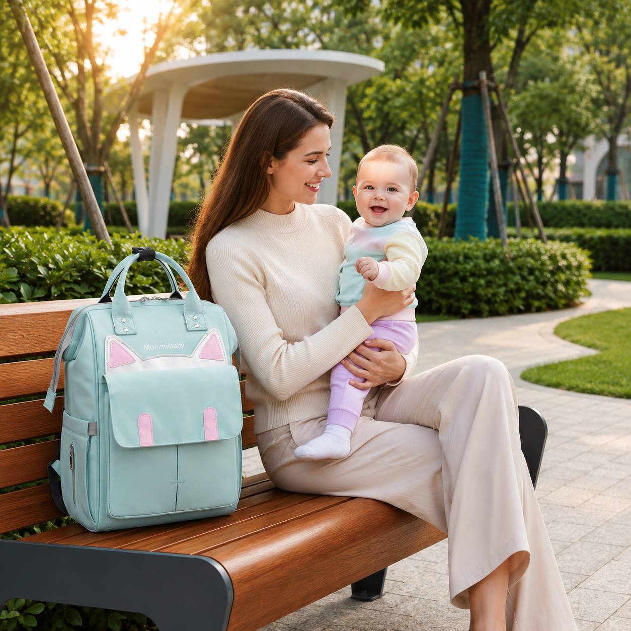 Sac a dos a langer vert multifonction présenté avec une maman et son bébé lors d'une sortie