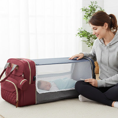 Sac a langer 3 en 1 avec berceau pliable et moustiquaire deployee a la maison