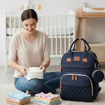 Sac a langer 3 en 1 avec berceau integre pose dans une chambre bebe pendant preparation des affaires