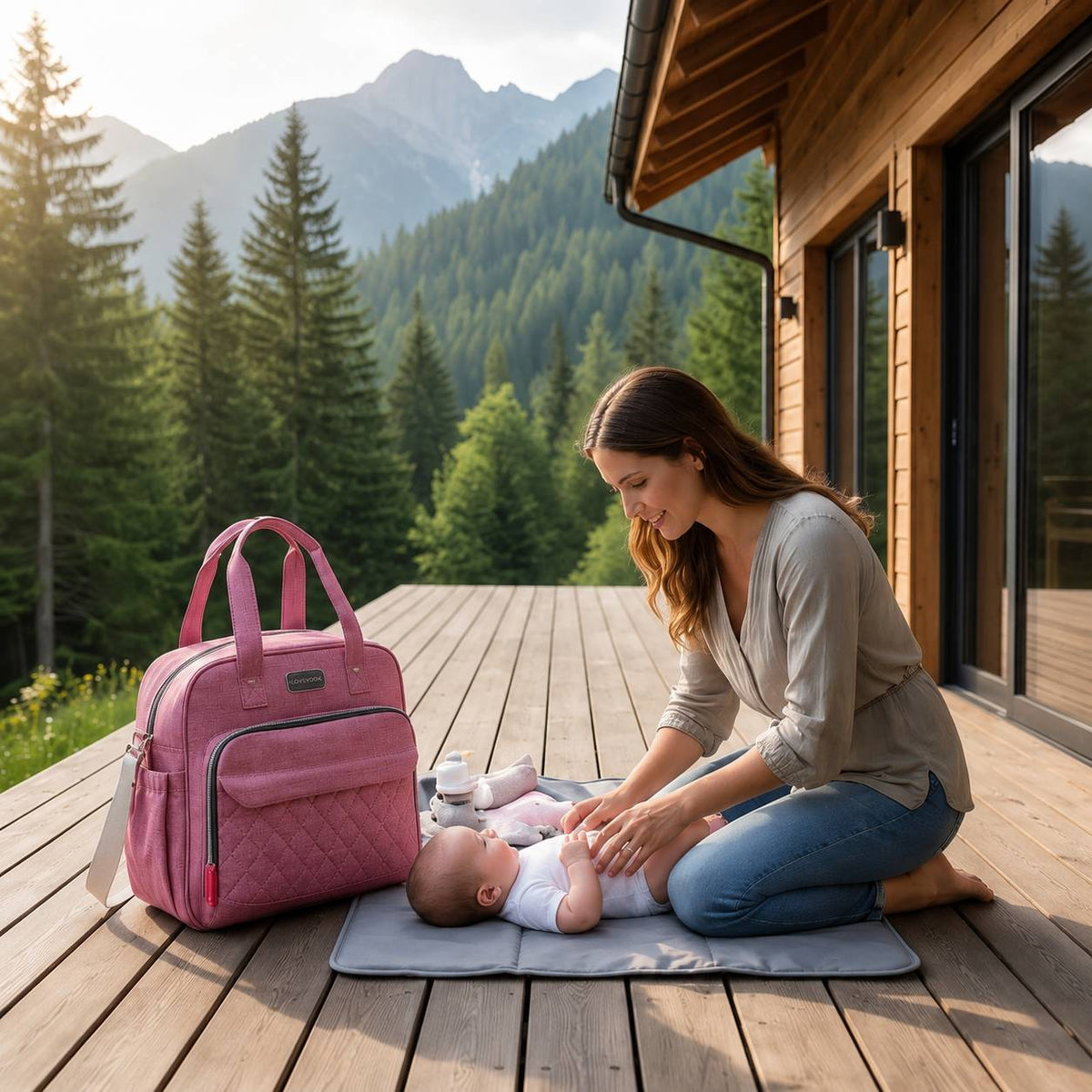 Sac a langer avec tapis de change utilisé par une maman avec son bébé au chalet
