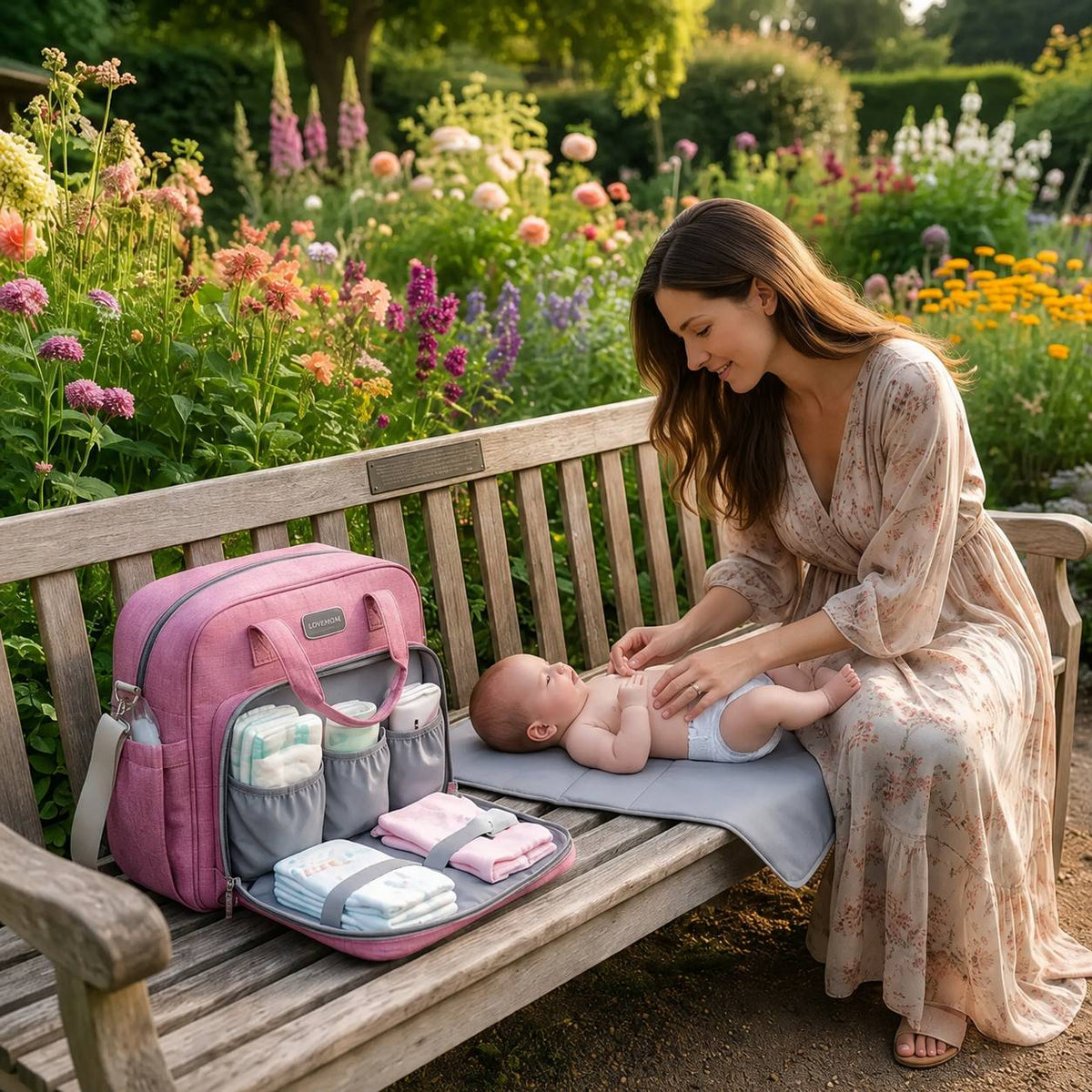 Sac a langer avec tapis de change rose ouvert pendant le change de bébé dans un jardin