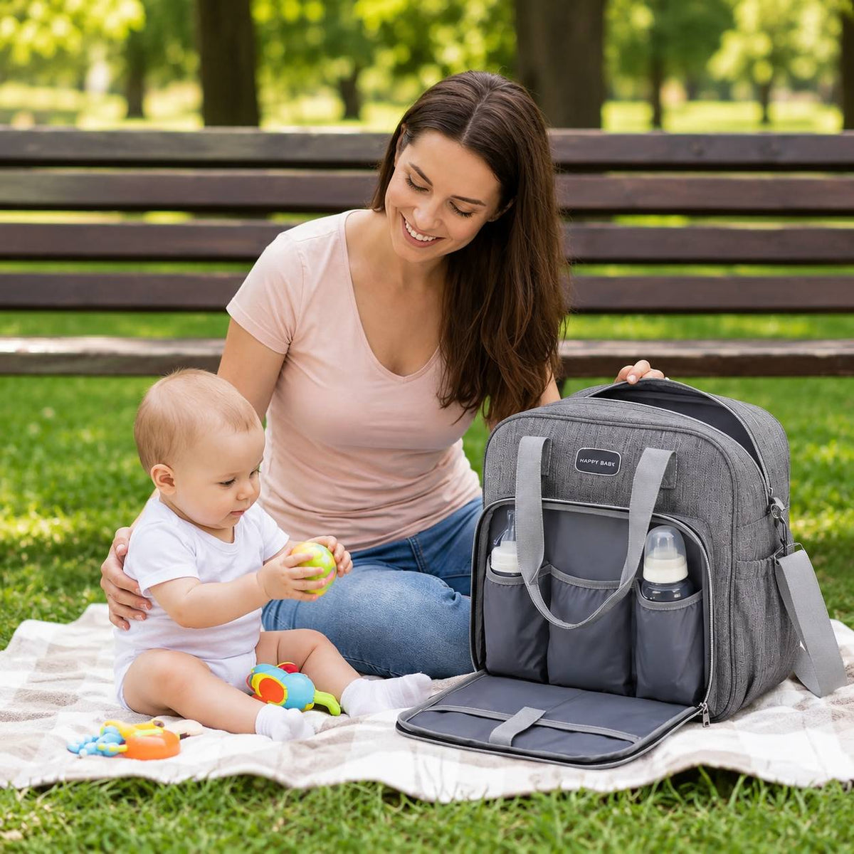 Sac a langer avec tapis de change gris utilisé lors d'un pique-nique avec bébé