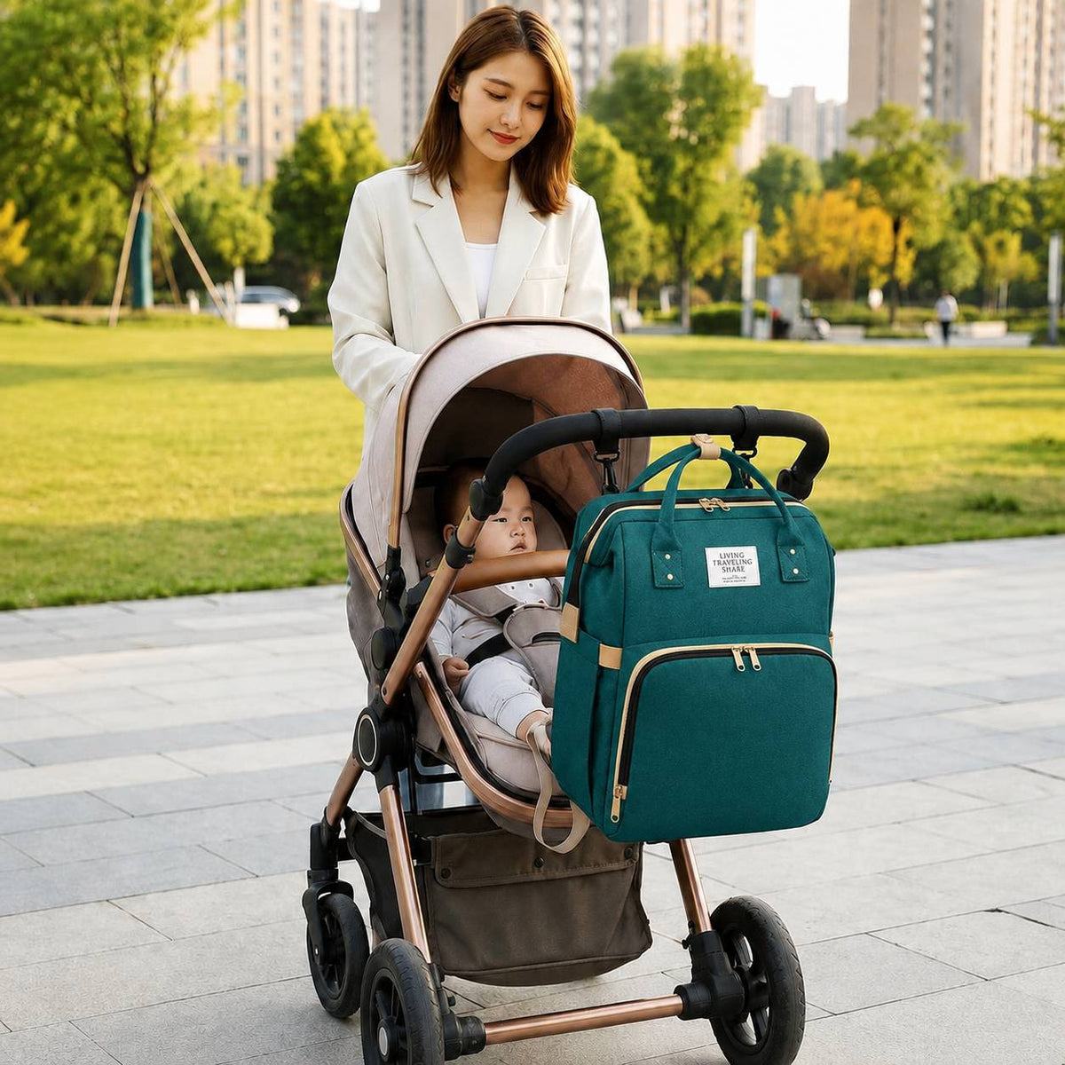 Sac a langer avec tapis de change accroché à une poussette pour une sortie avec bébé