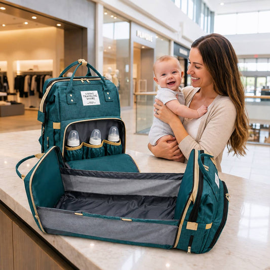 sac a langer avec tapis de change vert expose dans un centre commercial