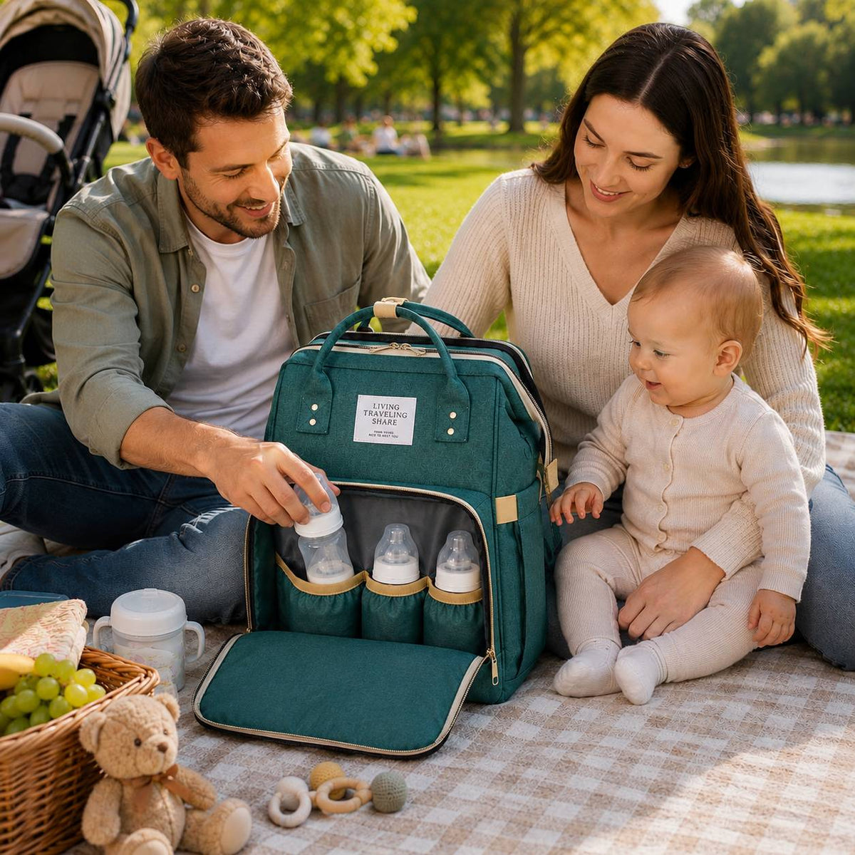 Sac a langer avec tapis de change et compartiments à biberons pendant un pique-nique
