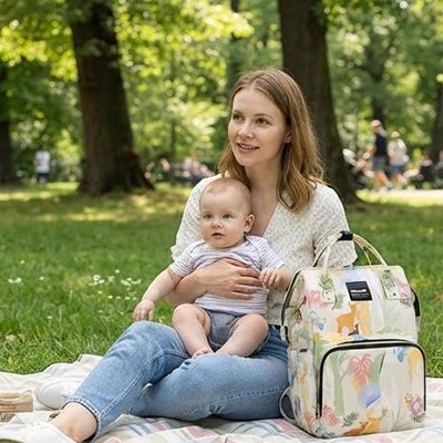 Sac a langer bebe avec une maman et son enfant assis dans un parc ensoleillé