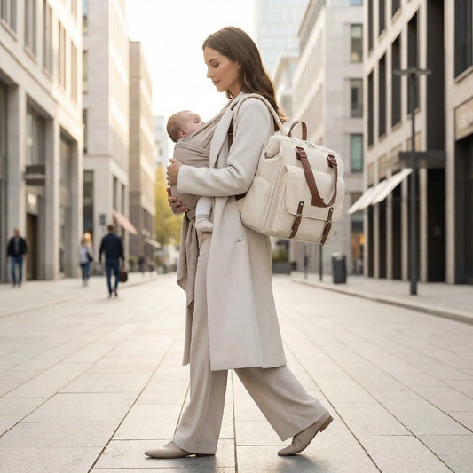 Maman elegante en ville portant un sac a langer bebe bandouliere beige