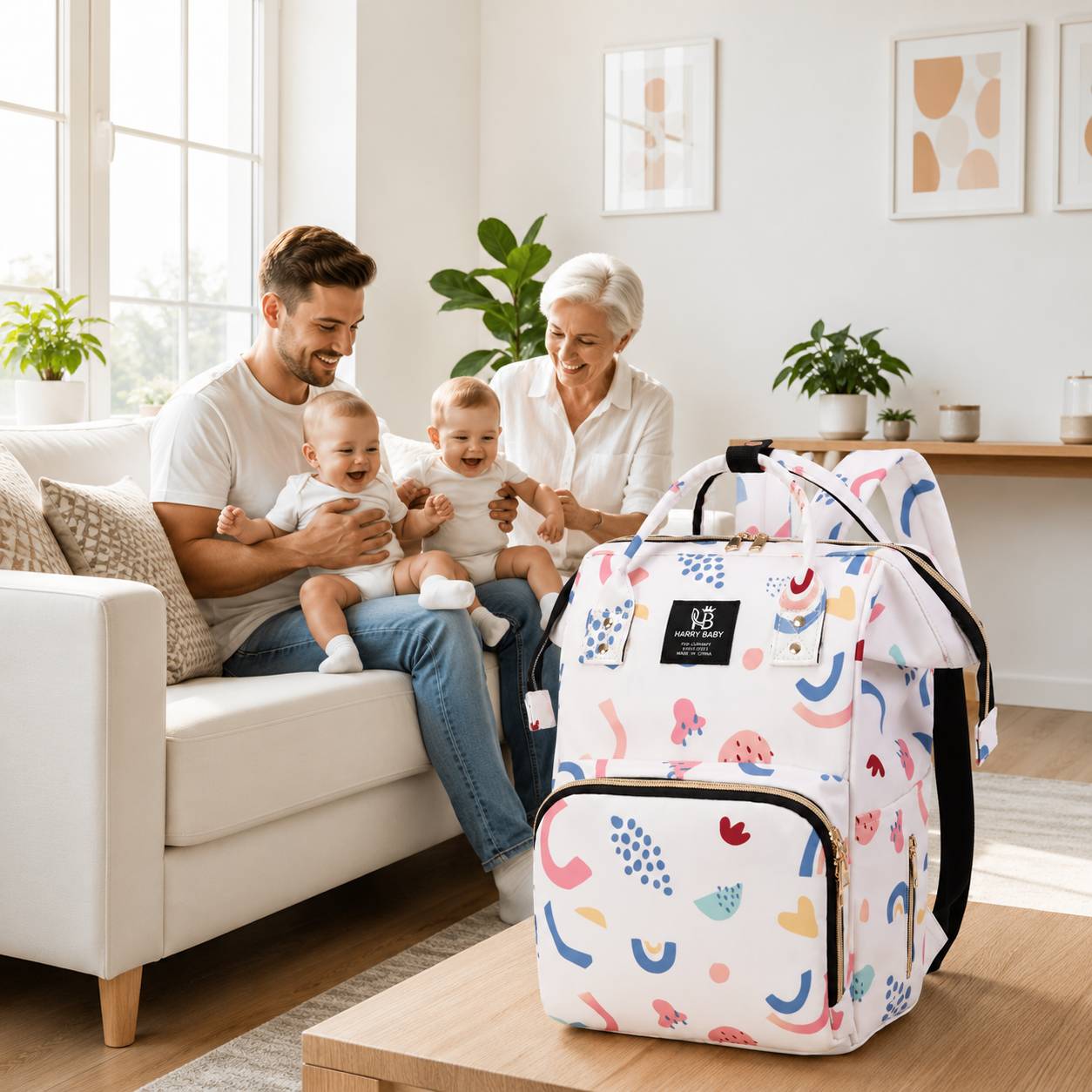 Sac a langer bebe blanc motif colore pratique pour les sorties et les voyages avec bebe