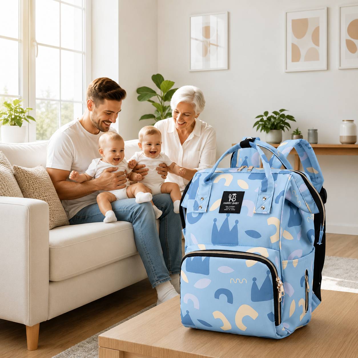 Sac a langer bebebleu a motif couronnes spacieux et confortable pour les parents actifs