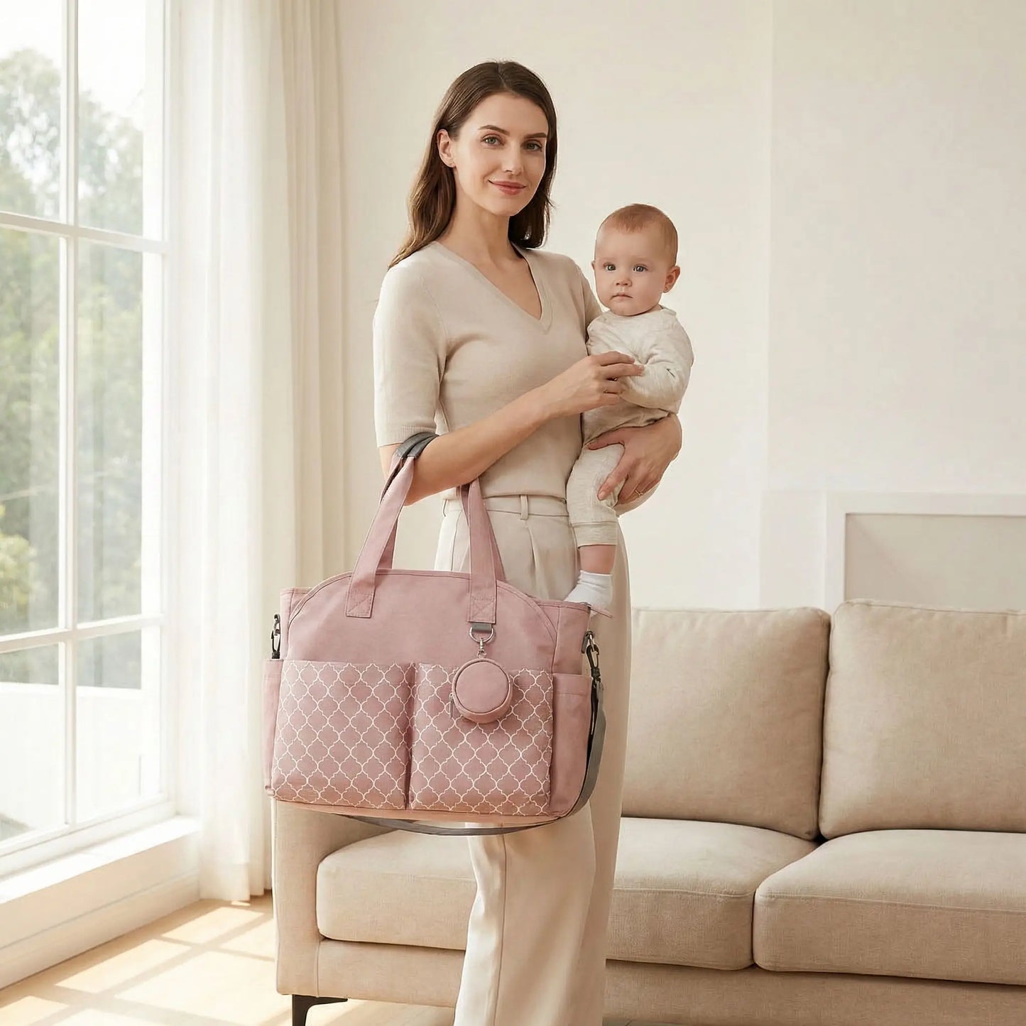 Sac a langer bebe rose porte a la main par une maman moderne dans un interieur lumineux avant de sortir