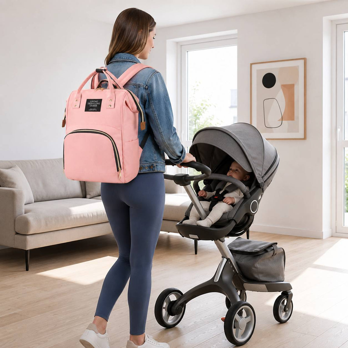 Maman portant un sac a langer bebe rose claire tout en promenant son enfant en poussette