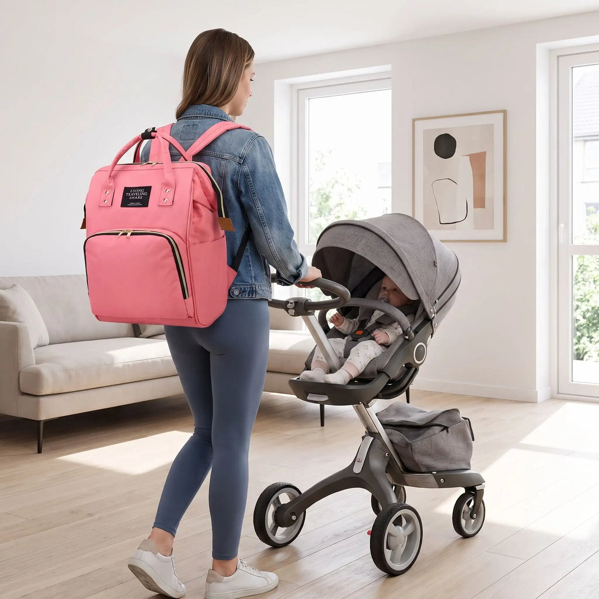 Maman portant un sac a langer bebe rose tout en promenant son enfant en poussette