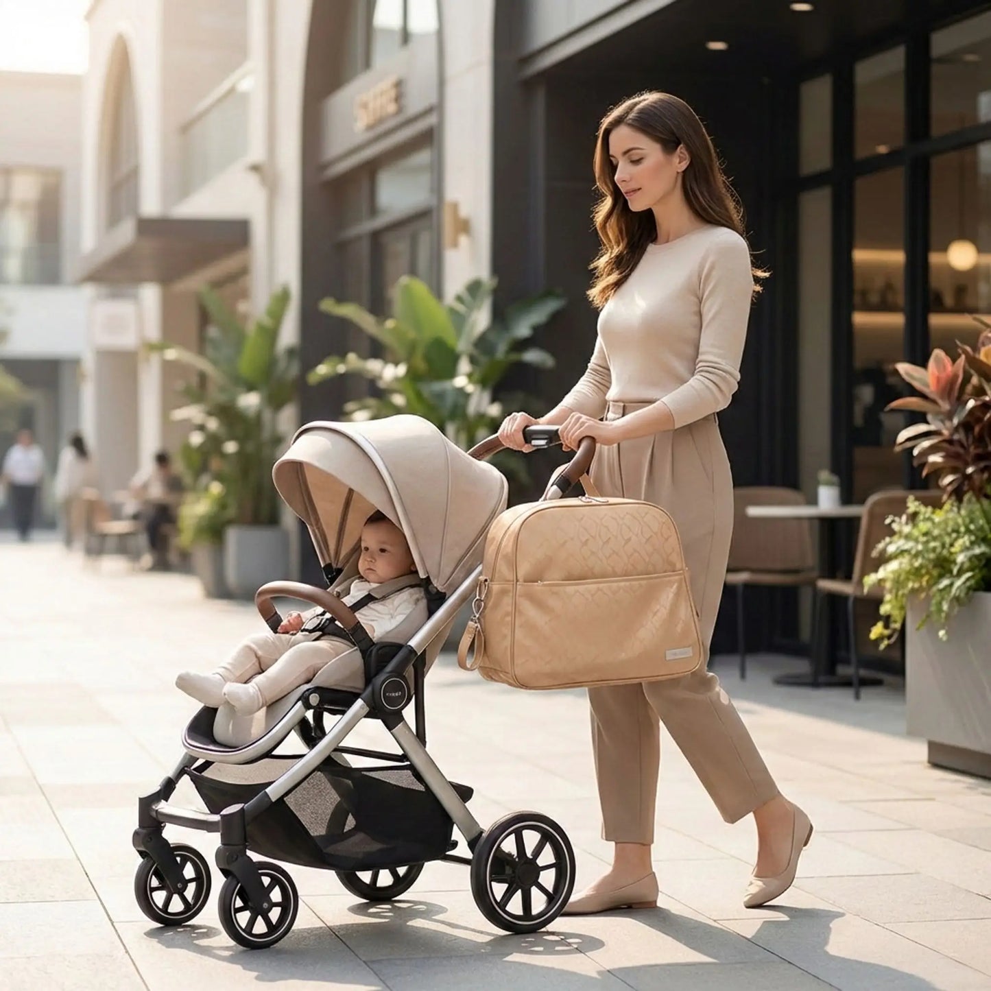 sac a langer beige porte par une maman elegante marchant en ville avec poussette moderne
