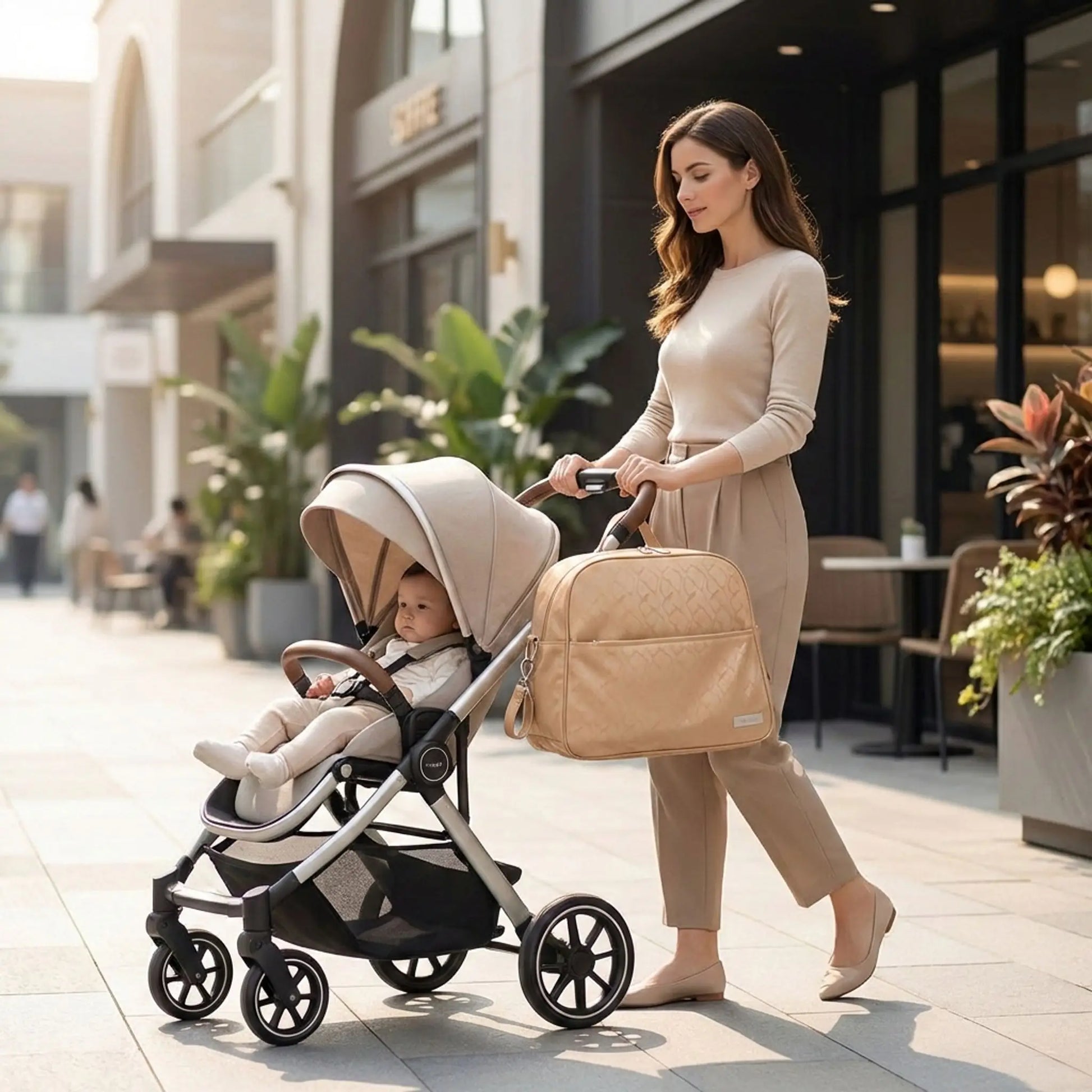 sac a langer beige porte par une maman elegante marchant en ville avec poussette moderne
