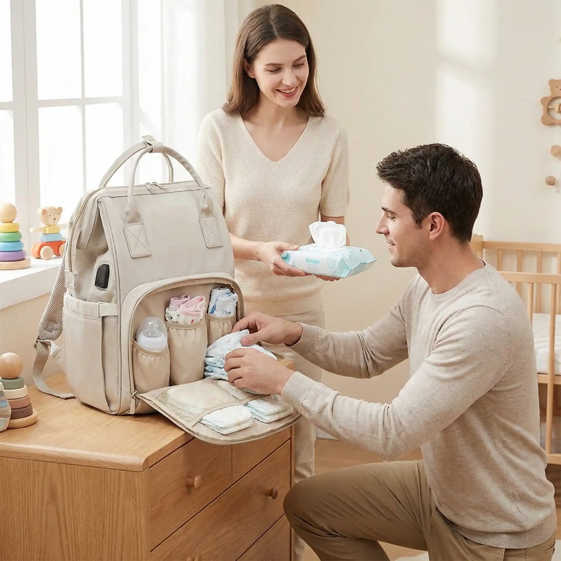 Parents organisant facilement les affaires de bebe grace a un sac a langer grande capacite bien compartimente