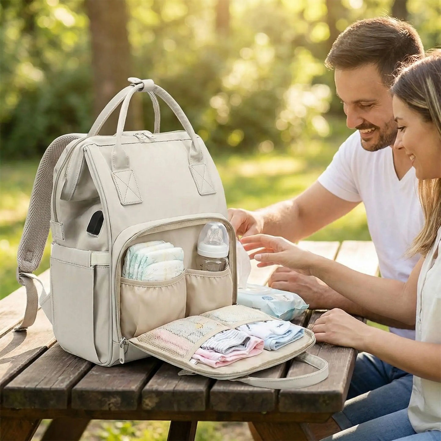 Sac a langer elegant ouvert au parc revelant une organisation optimale pour les sorties en famille